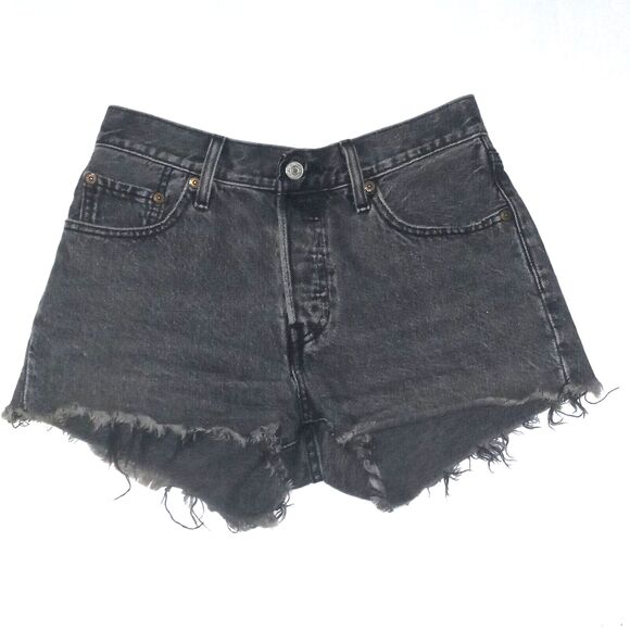 Levi's 501 Premium Button Fly Cut Off Denim Shorts-Size 25-Faded Black-Raw Hem - Picture 1 of 8